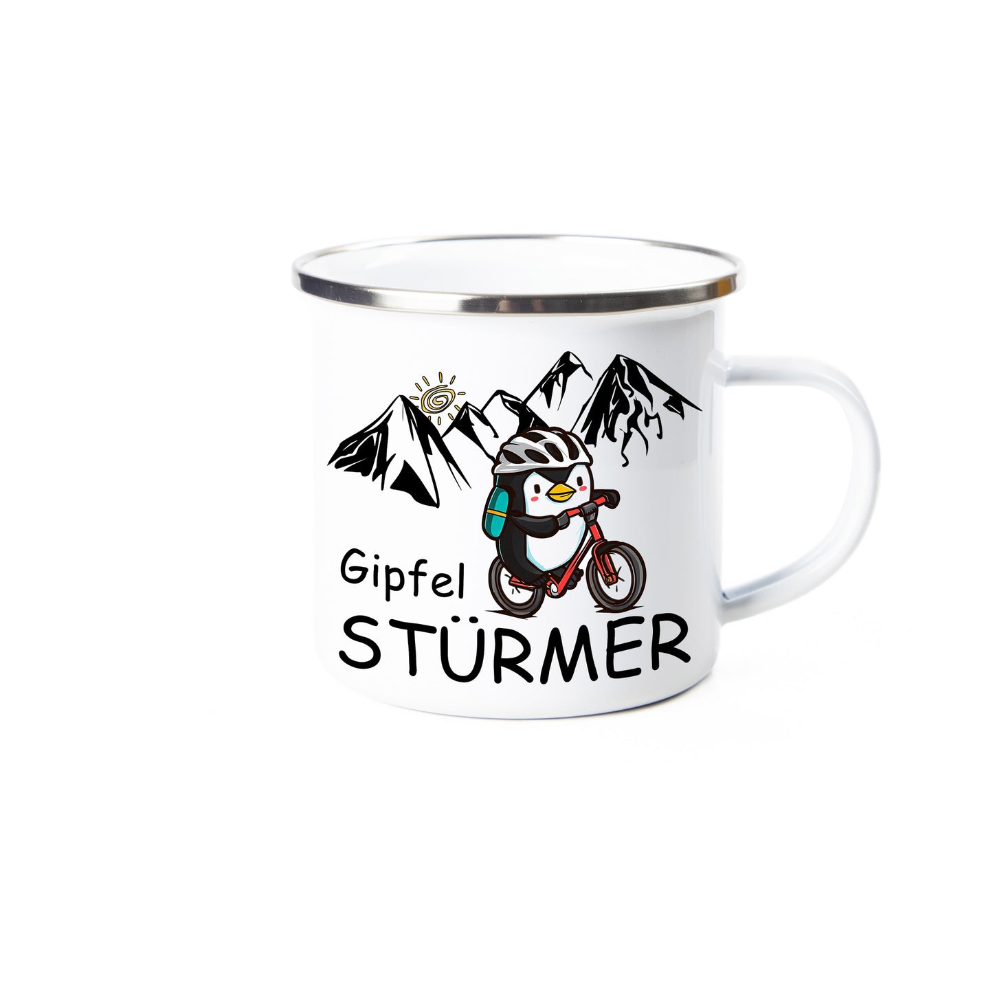 Tasse - Gipfelstürmer Pinguin MTB - Emaille (Silber)