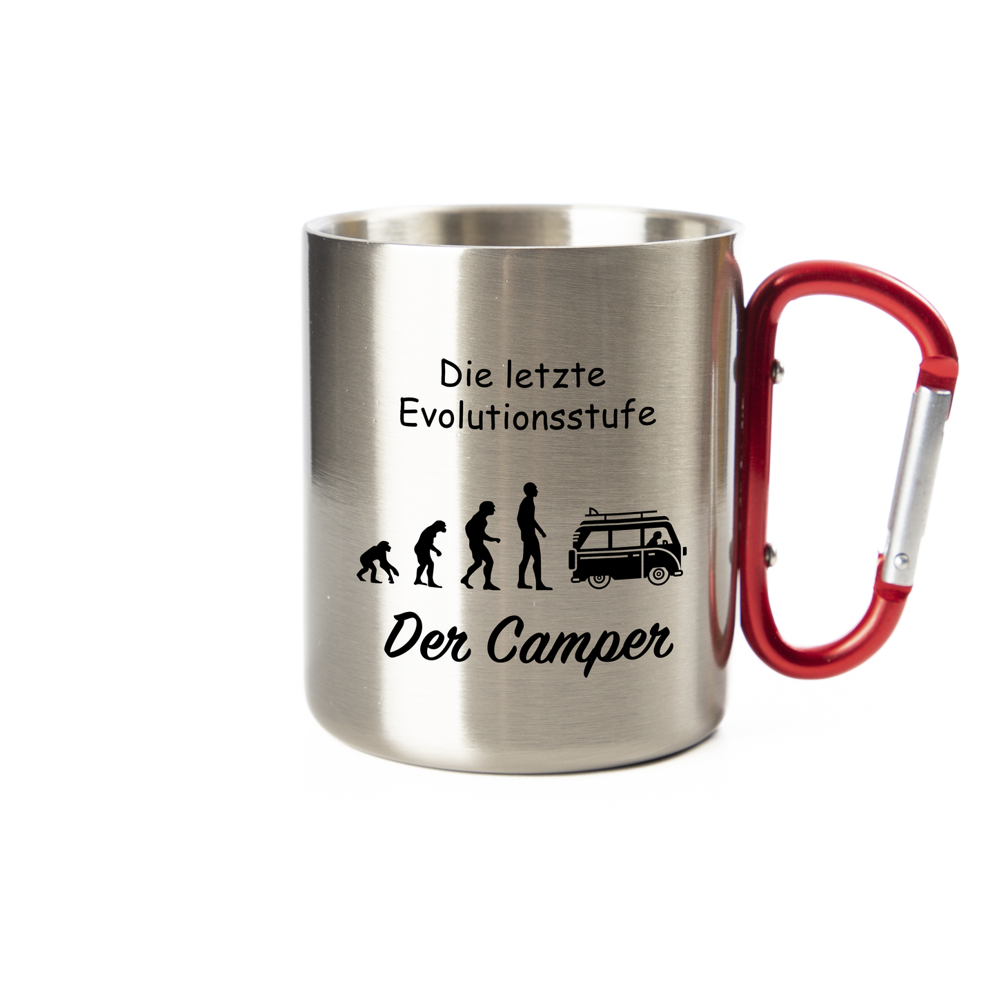 Tasse - Die letzte Evolutionsstufe - Der Camper - Edelstahl mit Karabiner