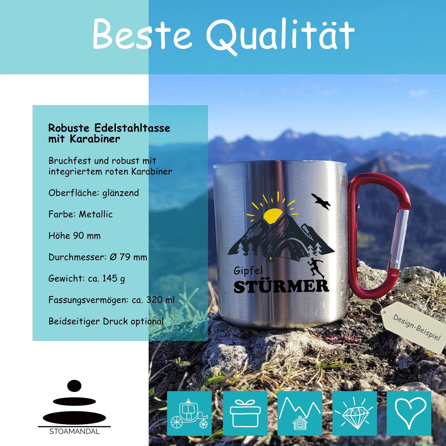 Karabiner Tasse - Bergfreunde Pinguin - Edelstahl Tasse