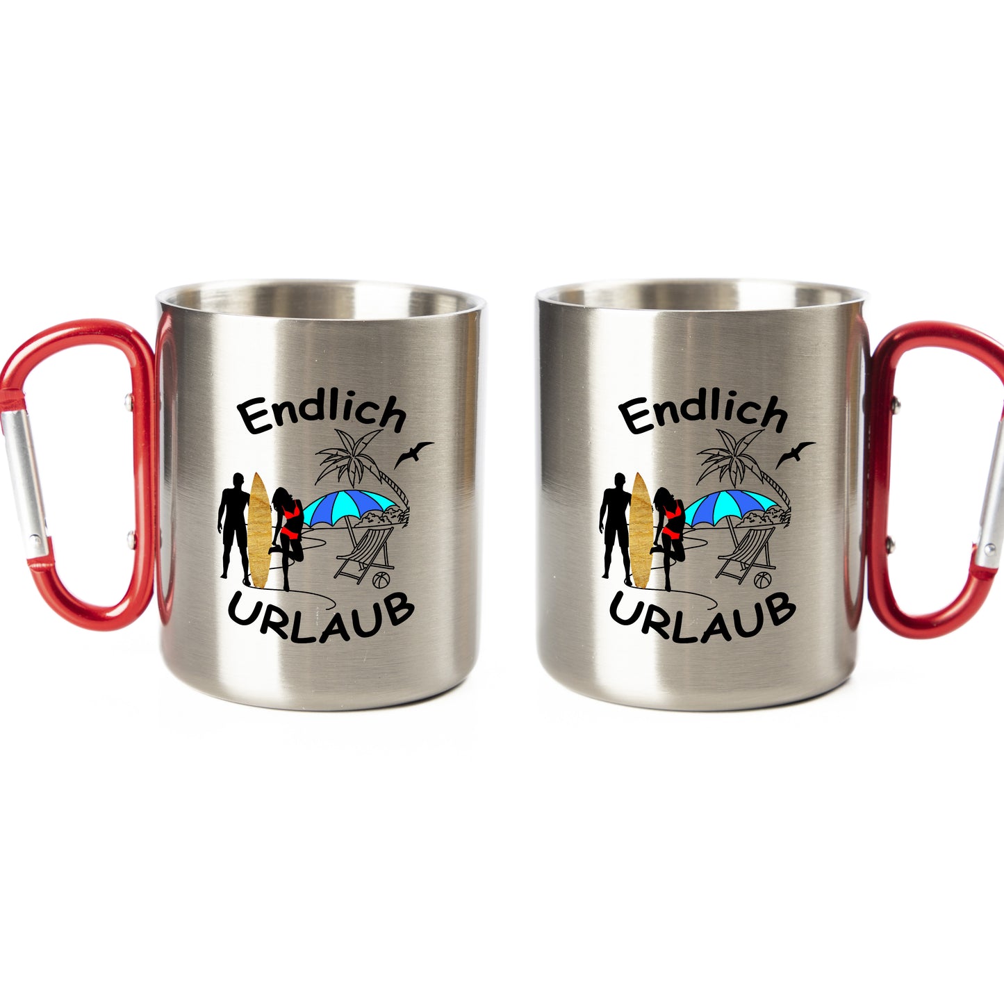 Tasse - Endlich Urlaub - Edelstahl mit Karabiner