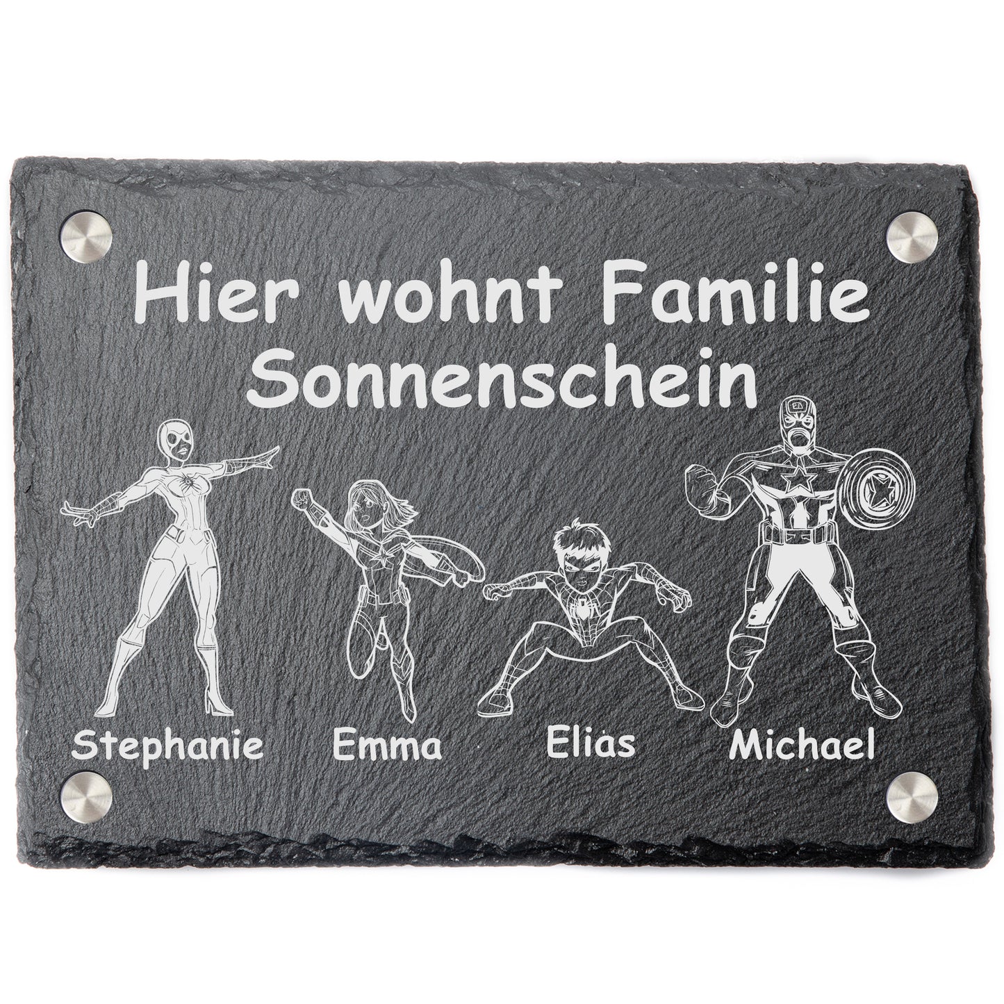 Superhelden Türschild mit personalisierter Gravur - Schiefer - Hier wohnt Familie