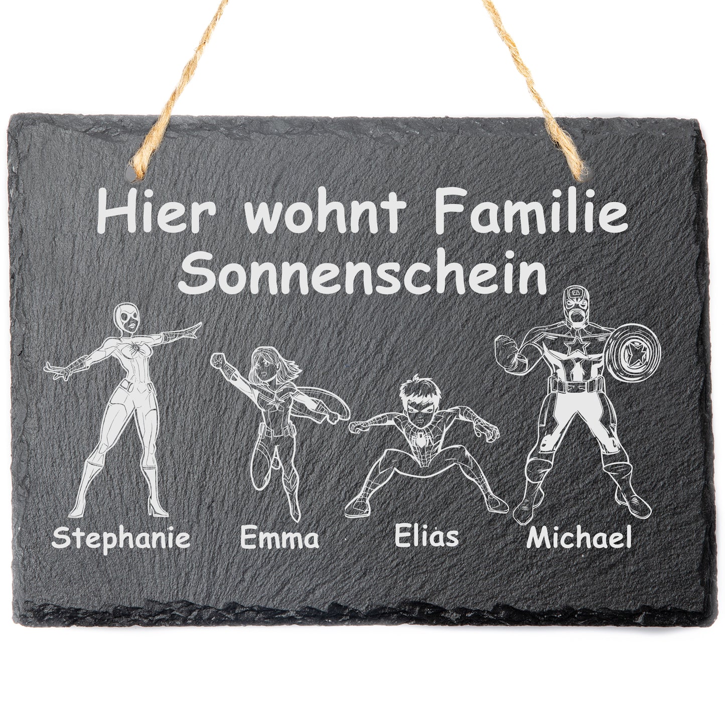 Superhelden Türschild mit personalisierter Gravur - Schiefer - Hier wohnt Familie