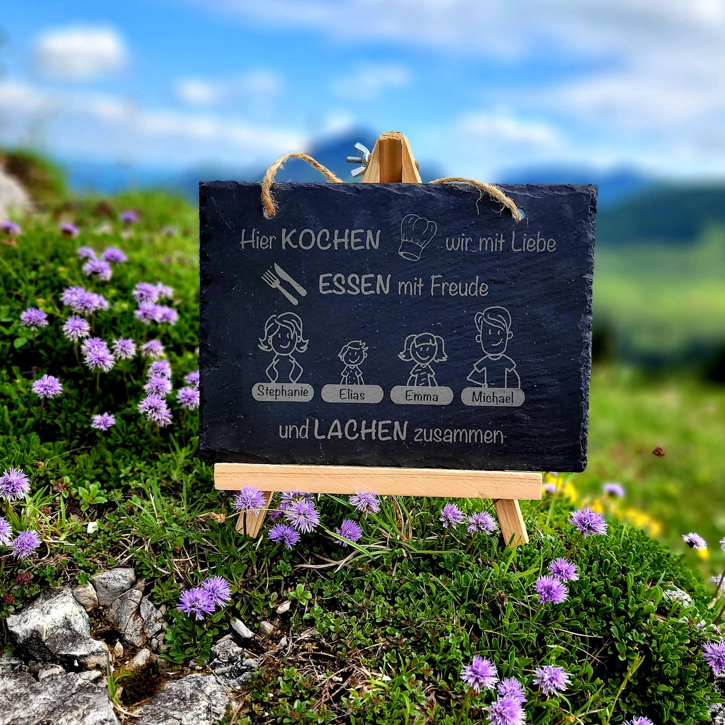 Türschild mit Bergmotiv - Gravur Familienname