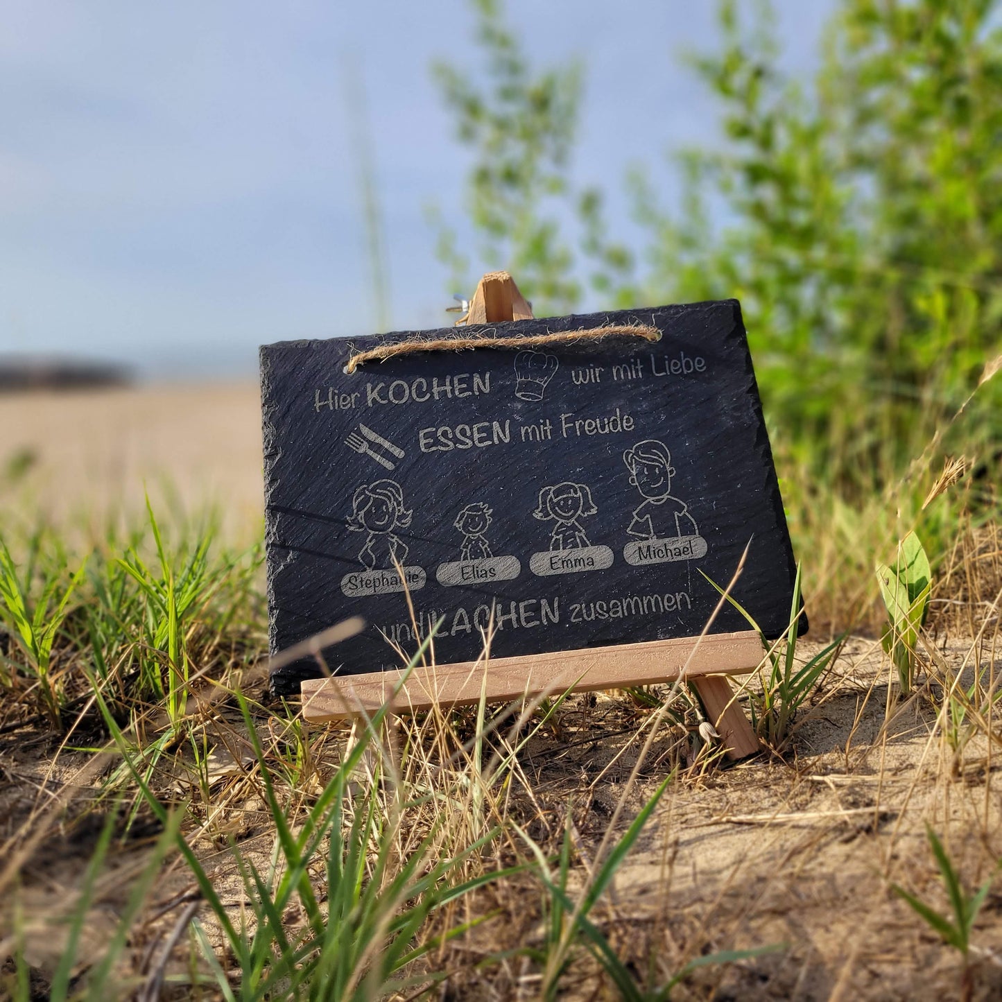 Türschild mit personalisierter Gravur - Schiefer - Familie Regenbogen