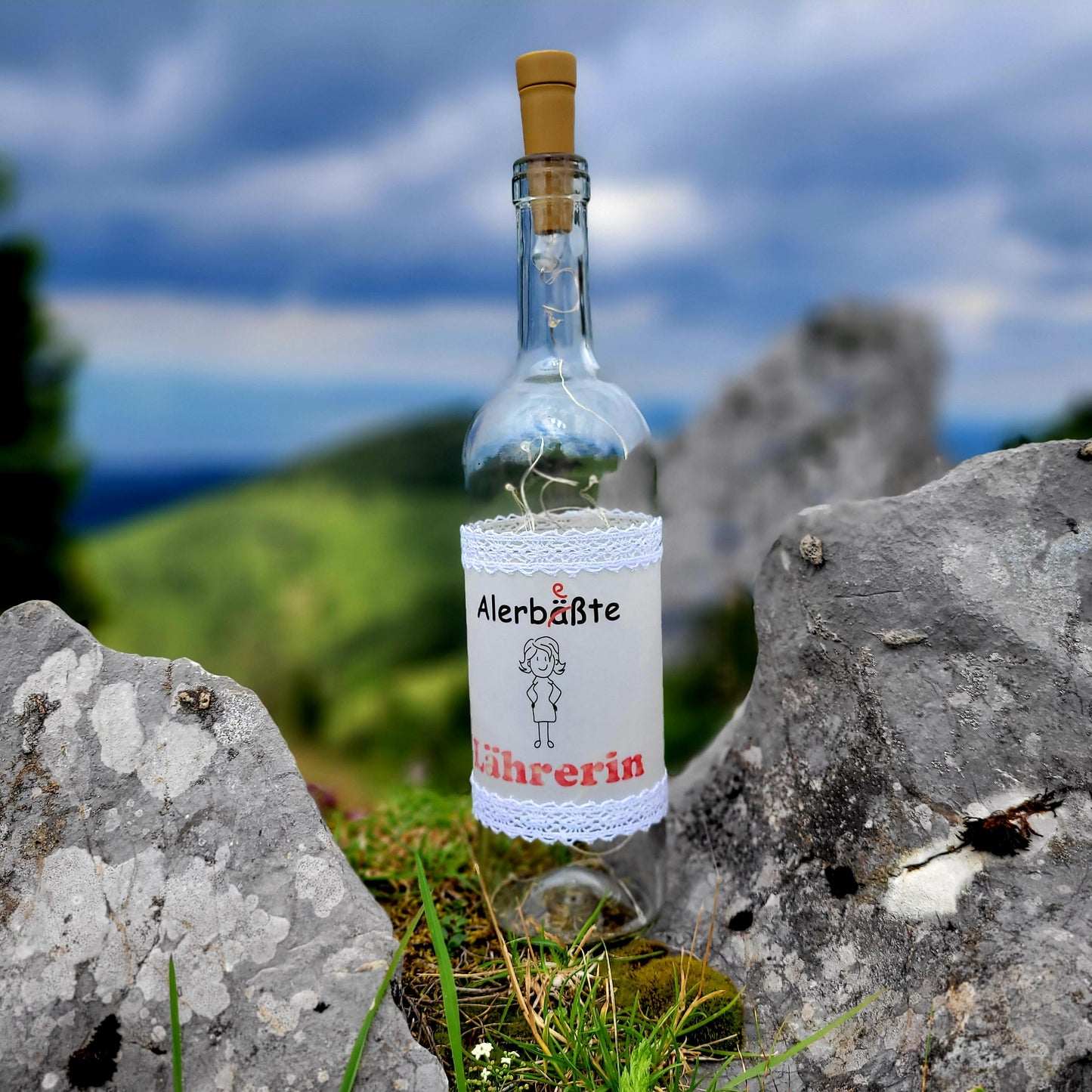 Stoamandal Flaschenlicht - Allerbeste Lehrerin - Rechtschreibung - LED Lichterkette in einer Glasflasche