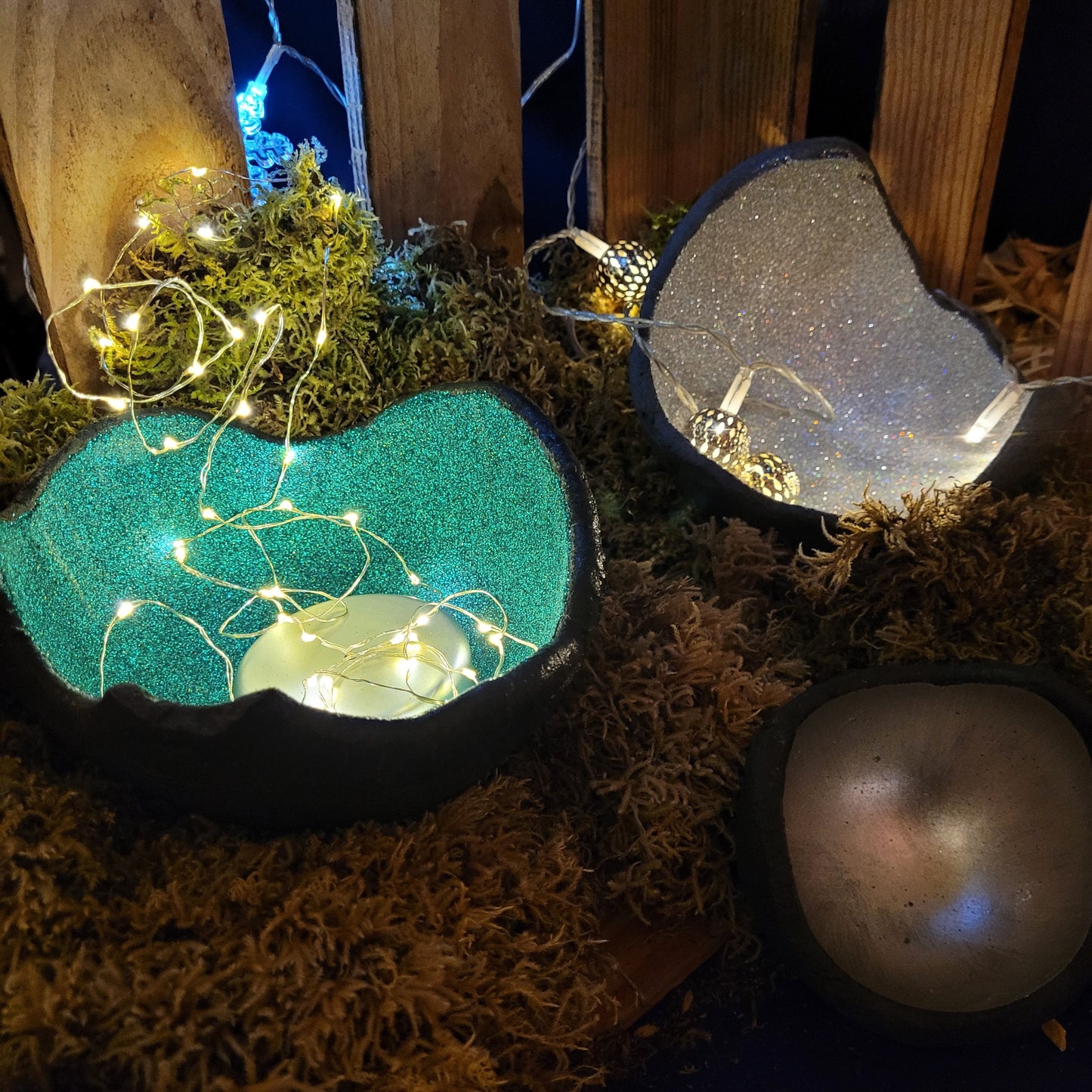 Lichtschale Glitter - smaragd - Beton weiß