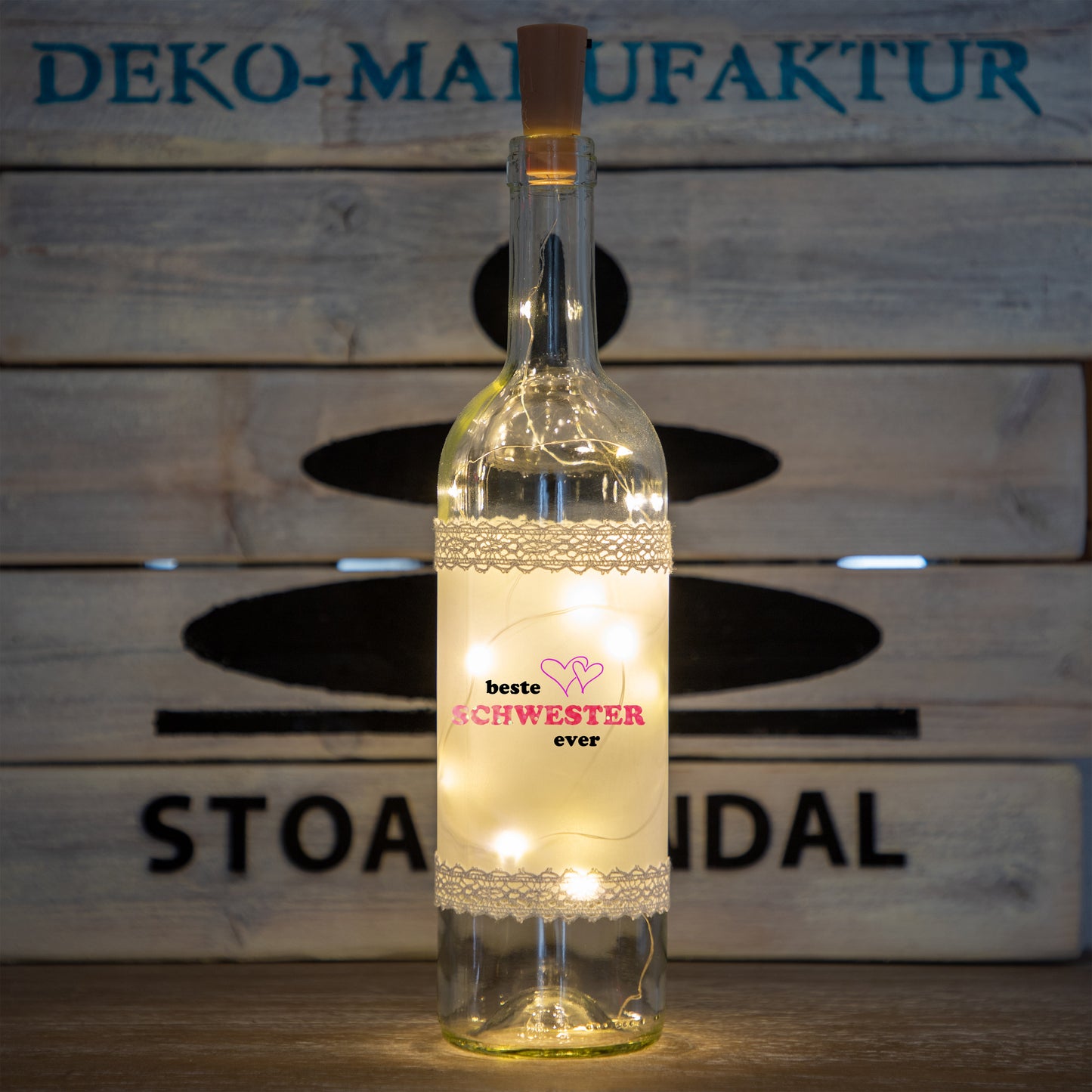 Stoamandal Flaschenlicht - beste Schwester - LED Lichterkette in einer Glasflasche