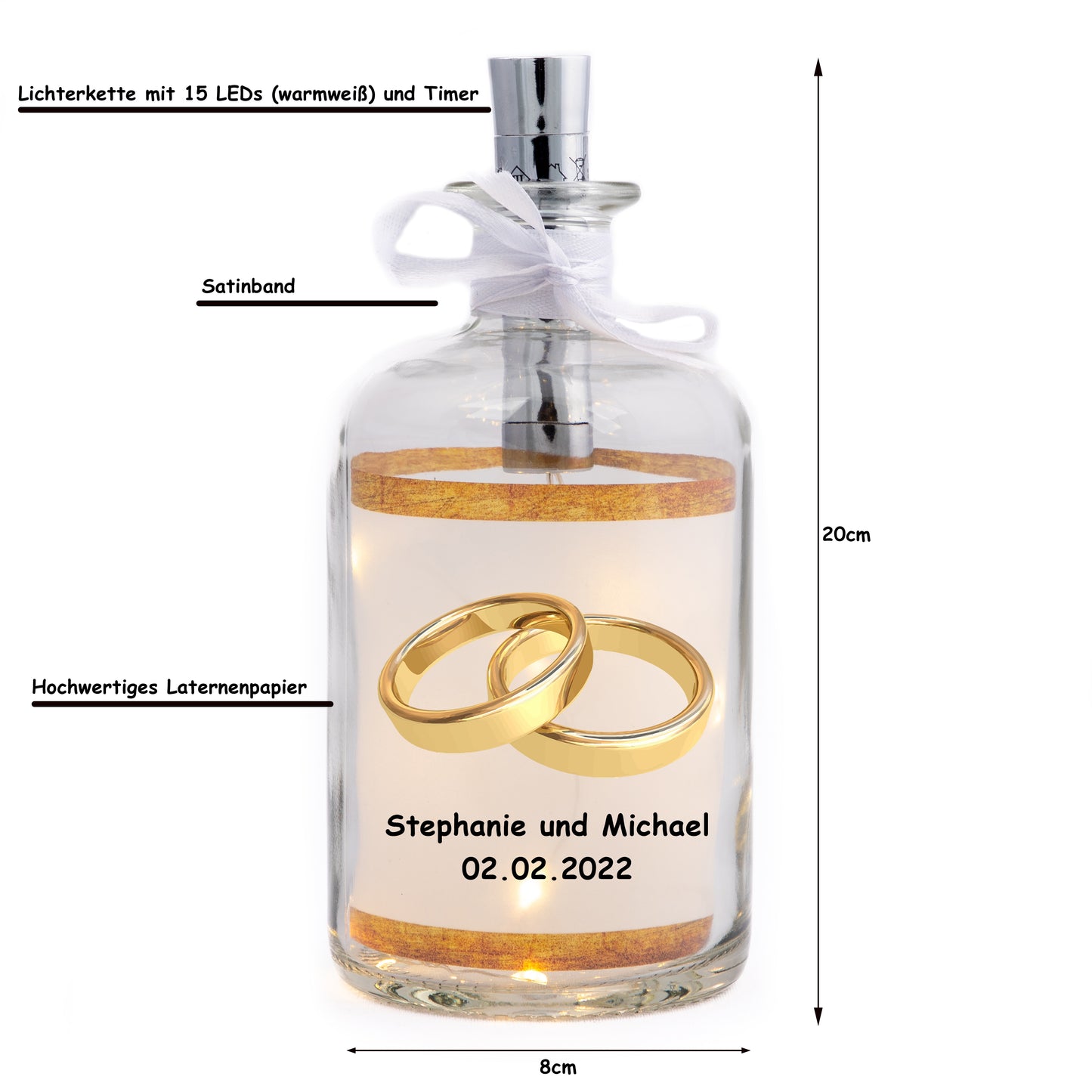 Stoamandal Flaschenpost - Hochzeit Ehering - personalisiert - LED Flaschenpost beleuchtet