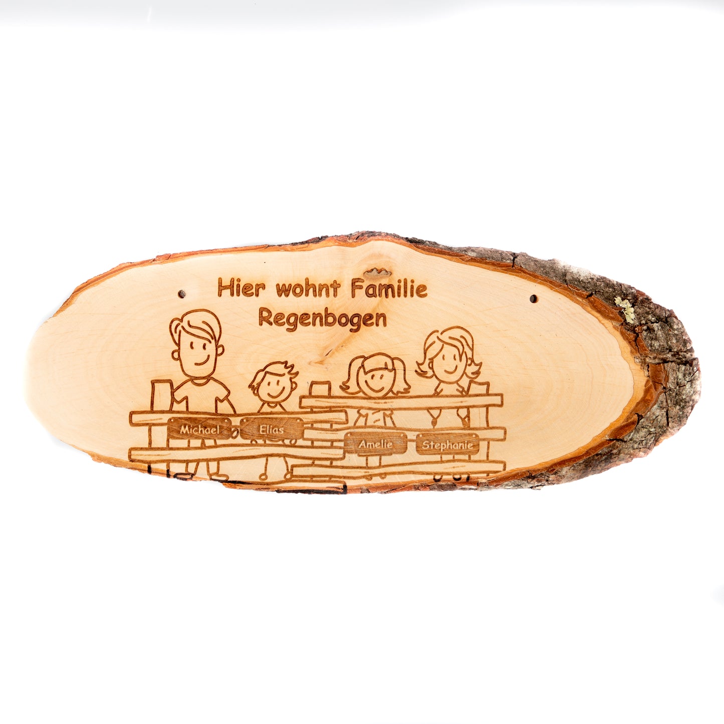 Türschild mit personalisierbarer Gravur - Holzschild mit Rinde Erle - Hier wohnt Familie