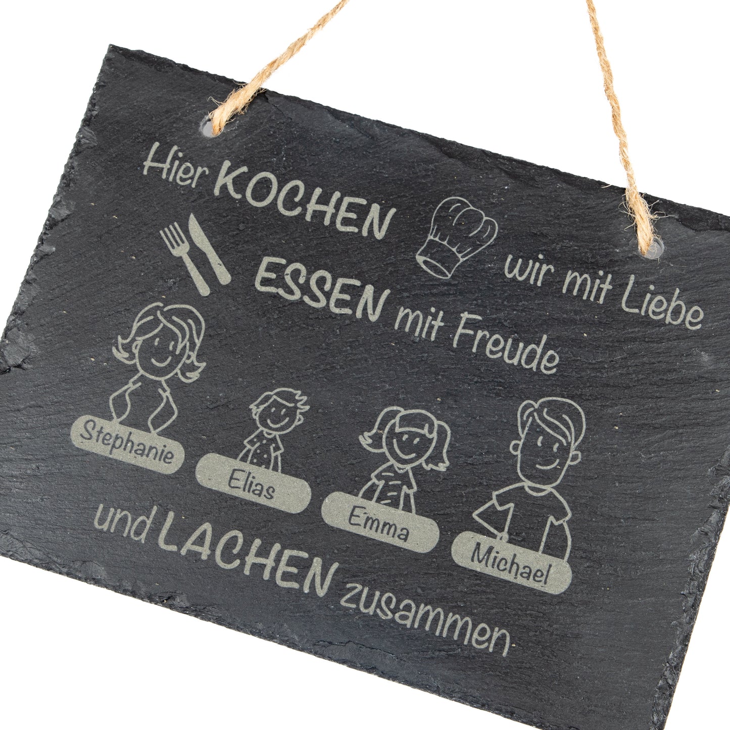 Familienschild mit personalisierbarer Gravur - Schiefer - Hier kochen wir mit Liebe