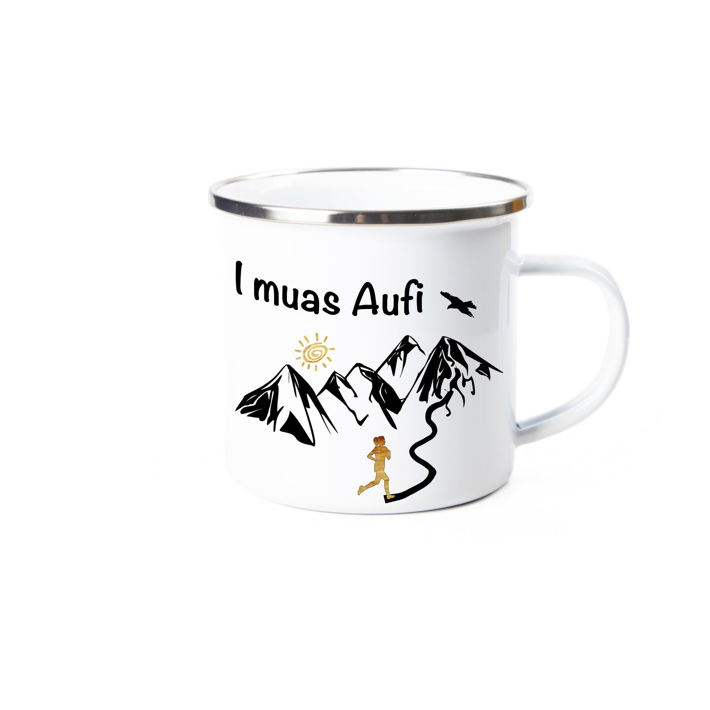 Tasse - I muas Aufi - Berg-Läuferin personalisiert - Emaille (Silber)