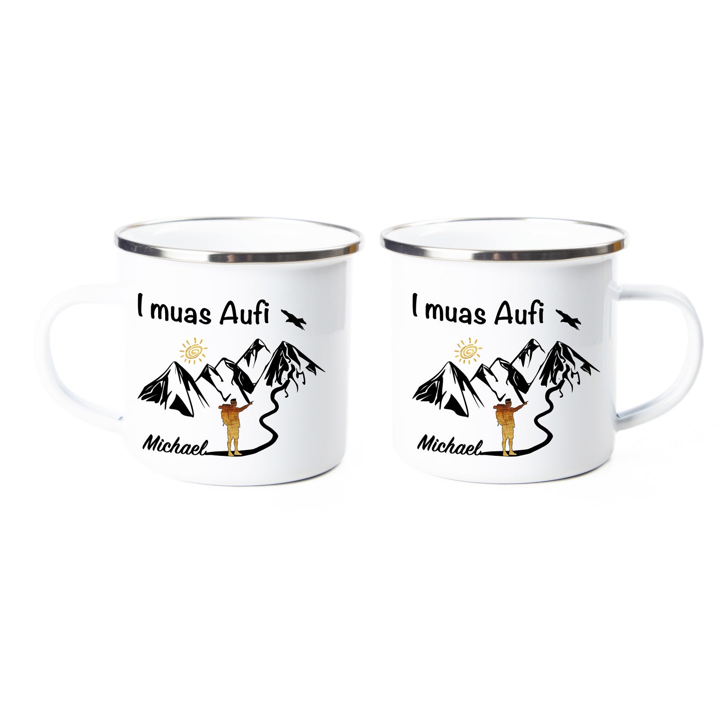Tasse - I muas Aufi - Bergsteiger personalisiert - Emaille (Silber)