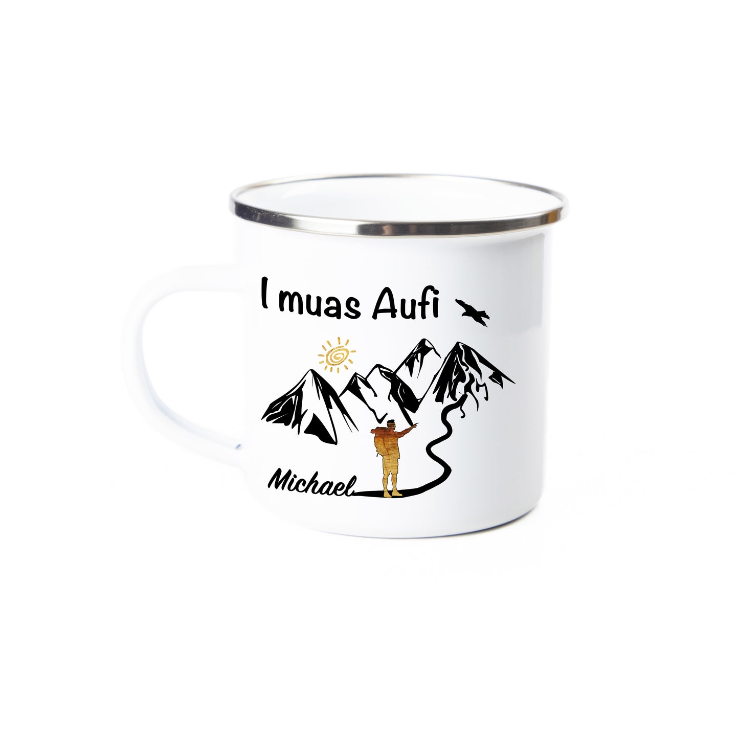 Tasse - I muas Aufi - Bergsteiger personalisiert - Emaille (Silber)