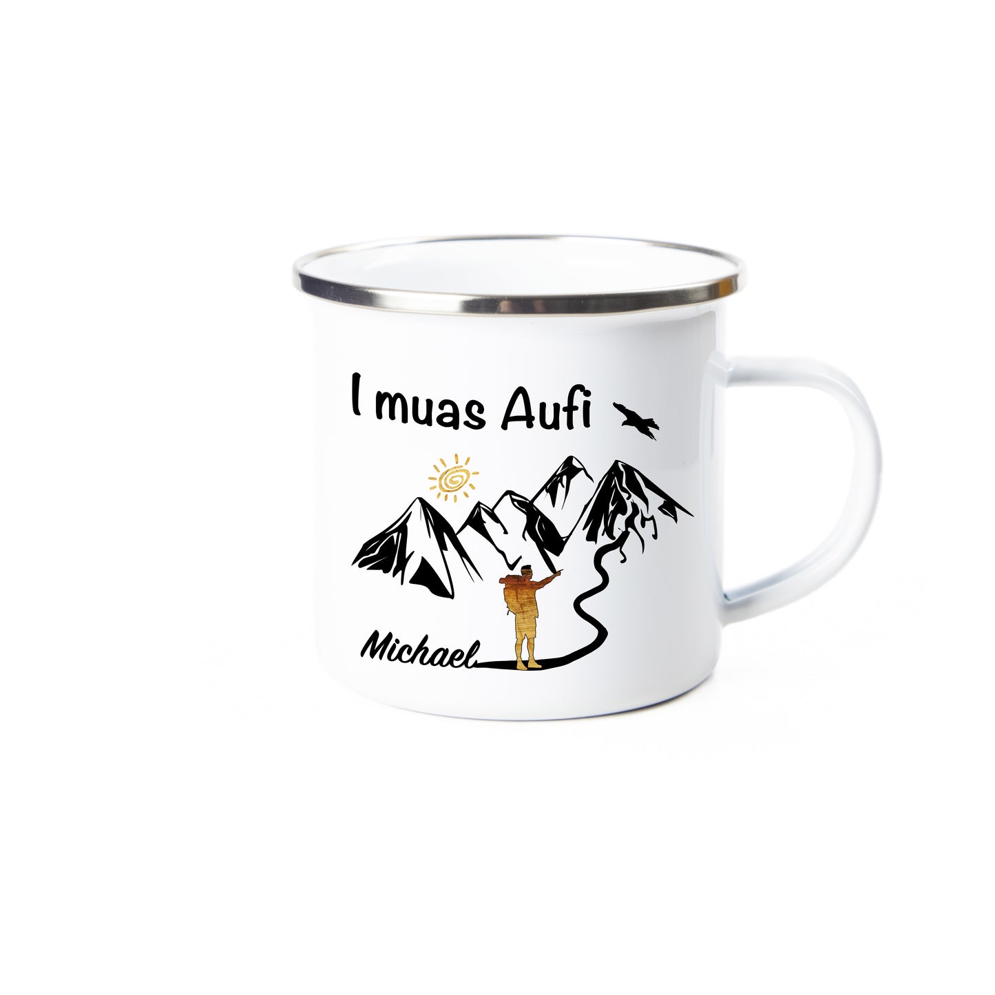 Tasse - I muas Aufi - Bergsteiger personalisiert - Emaille (Silber)