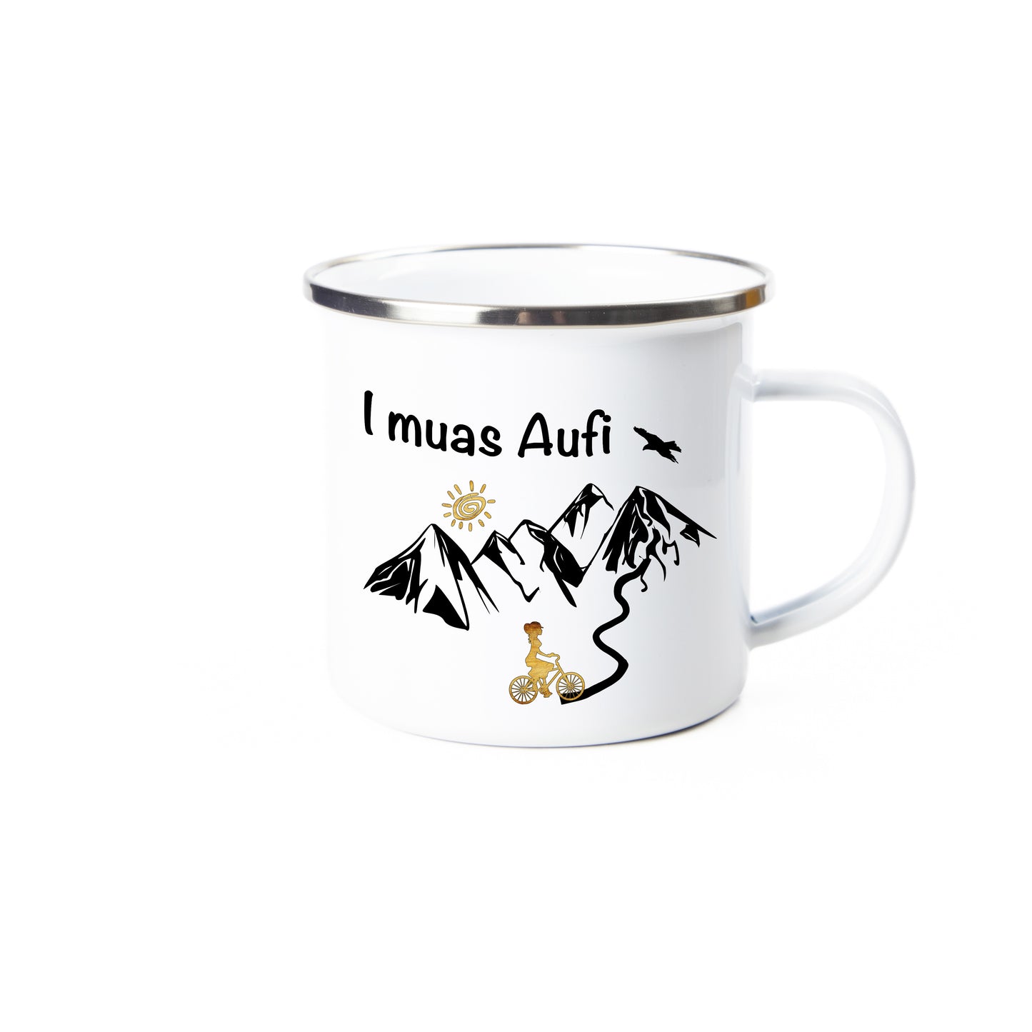 Tasse - I muas Aufi - MTB Frau personalisiert - Emaille (Silber)