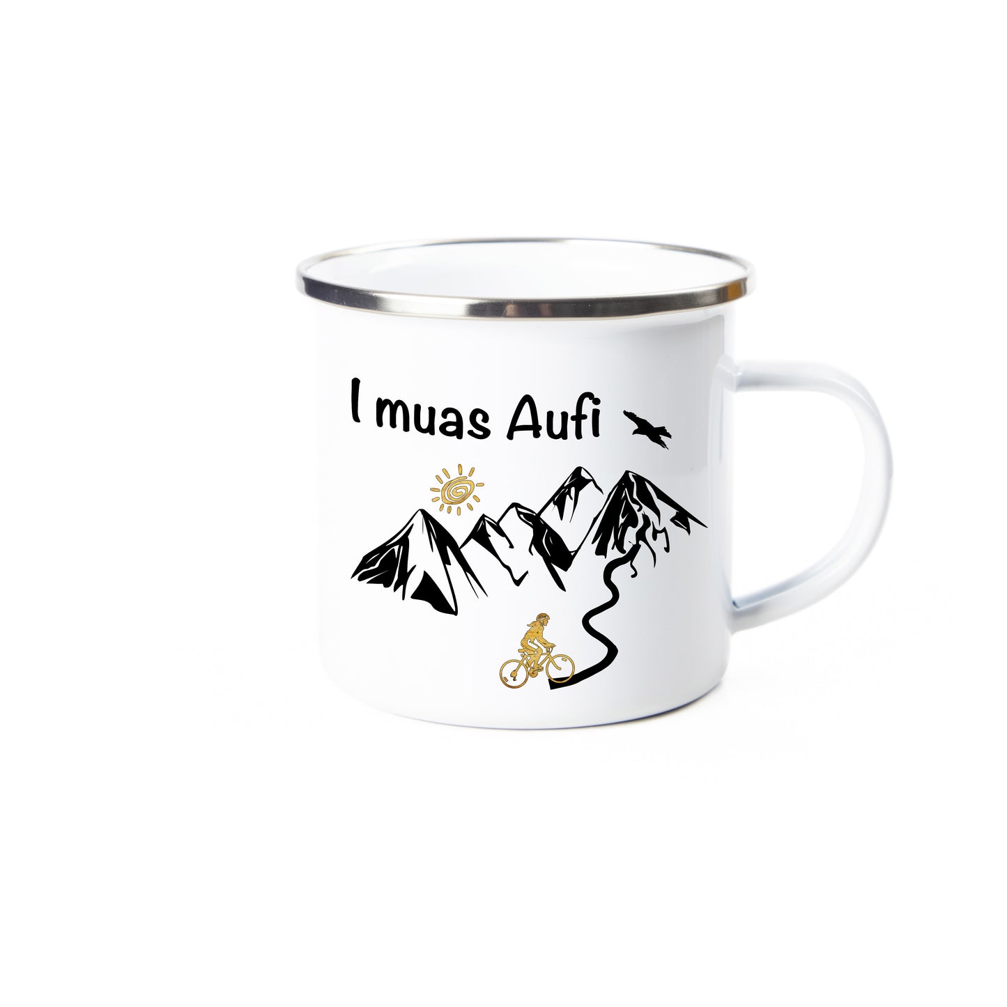 Tasse - I muas Aufi - MTB Frau personalisiert - Emaille (Silber)