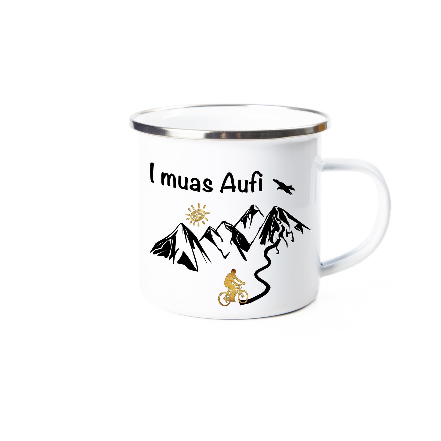Tasse - I muas Aufi - MTB Mann personalisiert - Emaille (Silber)