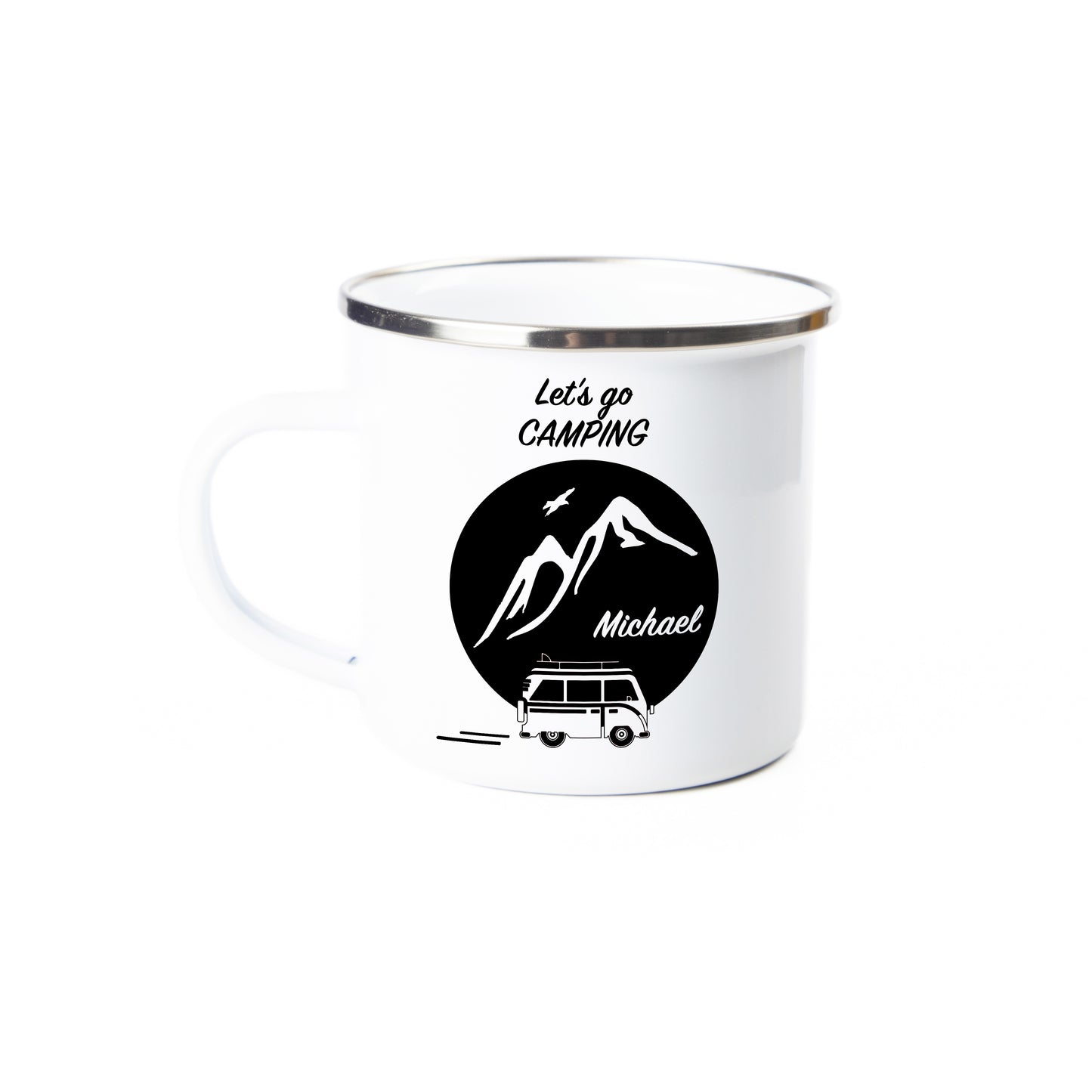 Tasse - Let's go camping - personalisiert - Emaille (Silber)