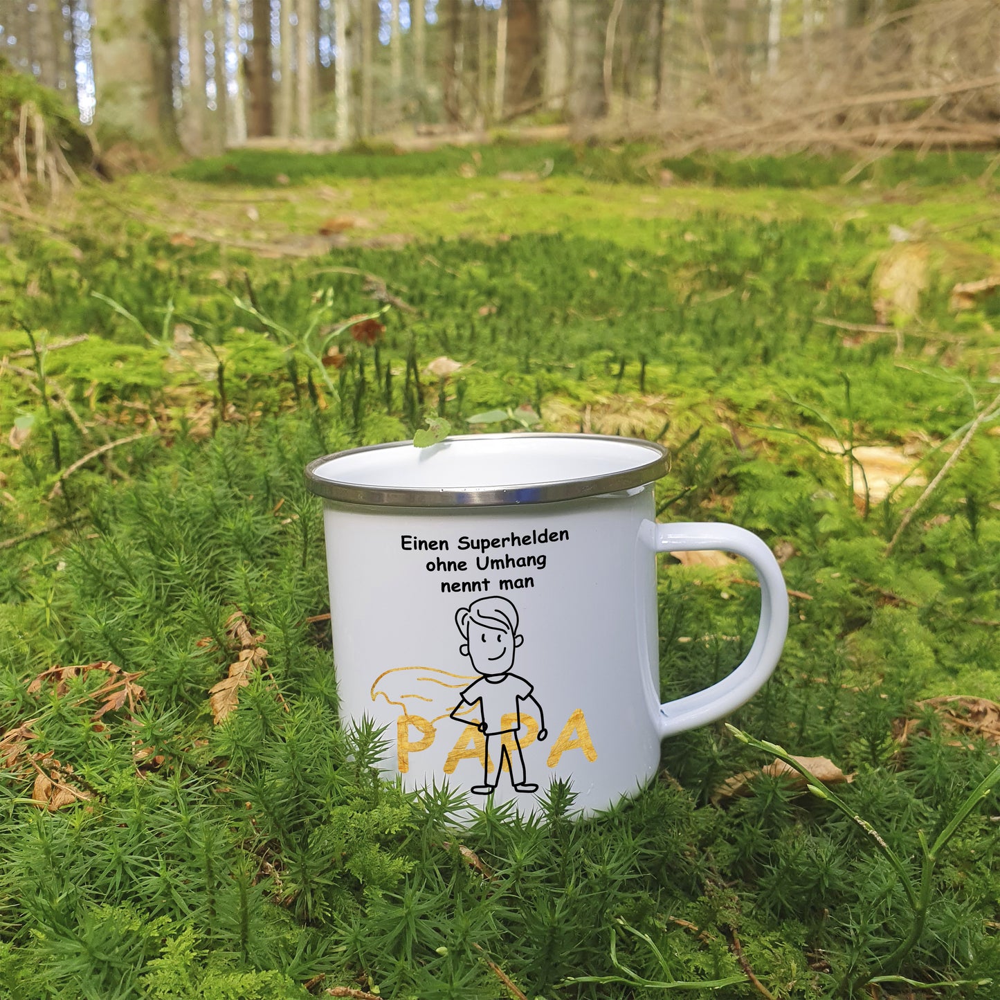 Tasse - Einen Superhelden ohne Umhang nennt man Papa - Emaille (Silber)