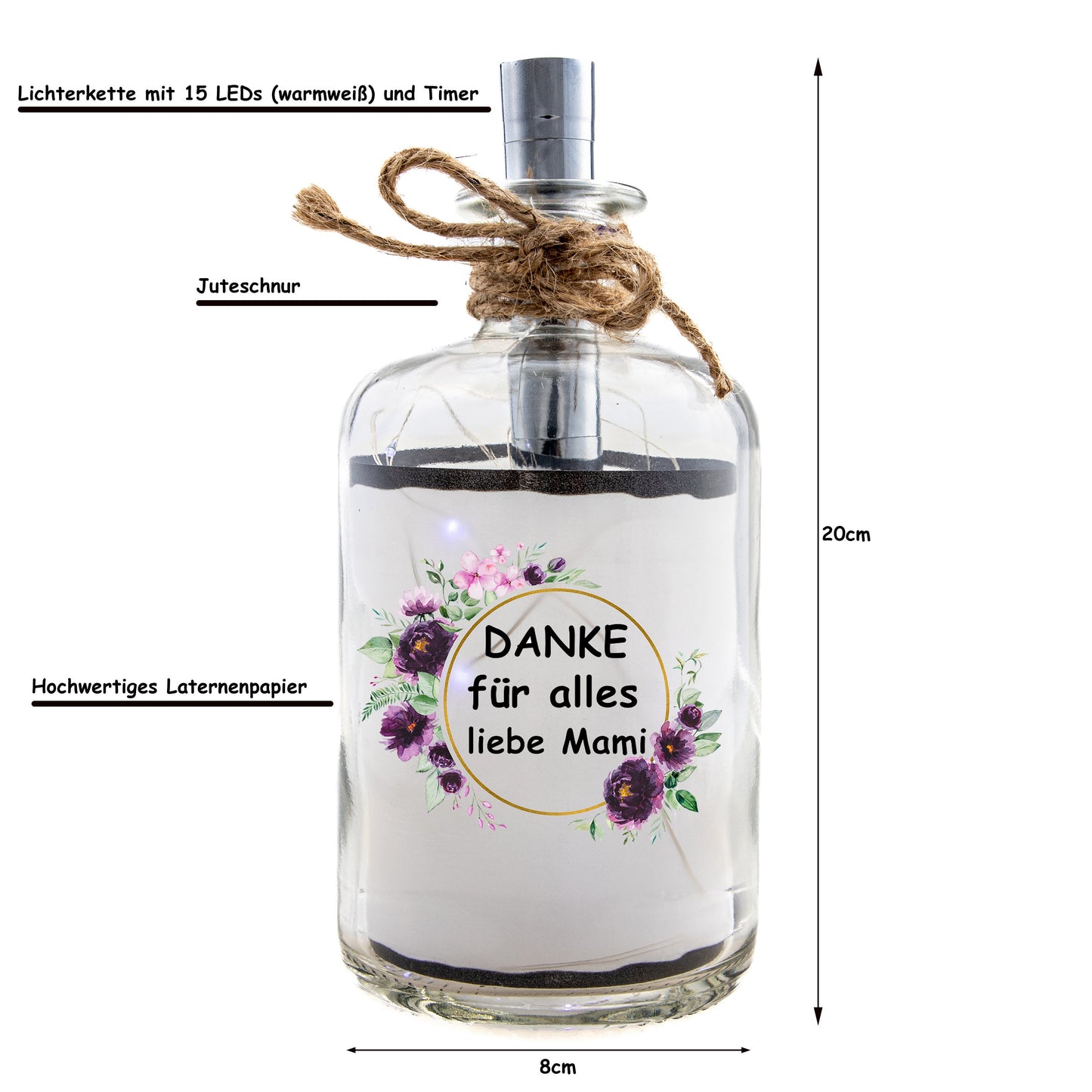 Stoamandal Flaschenpost - Danke für alles liebe Mami - LED Flaschenpost beleuchtet
