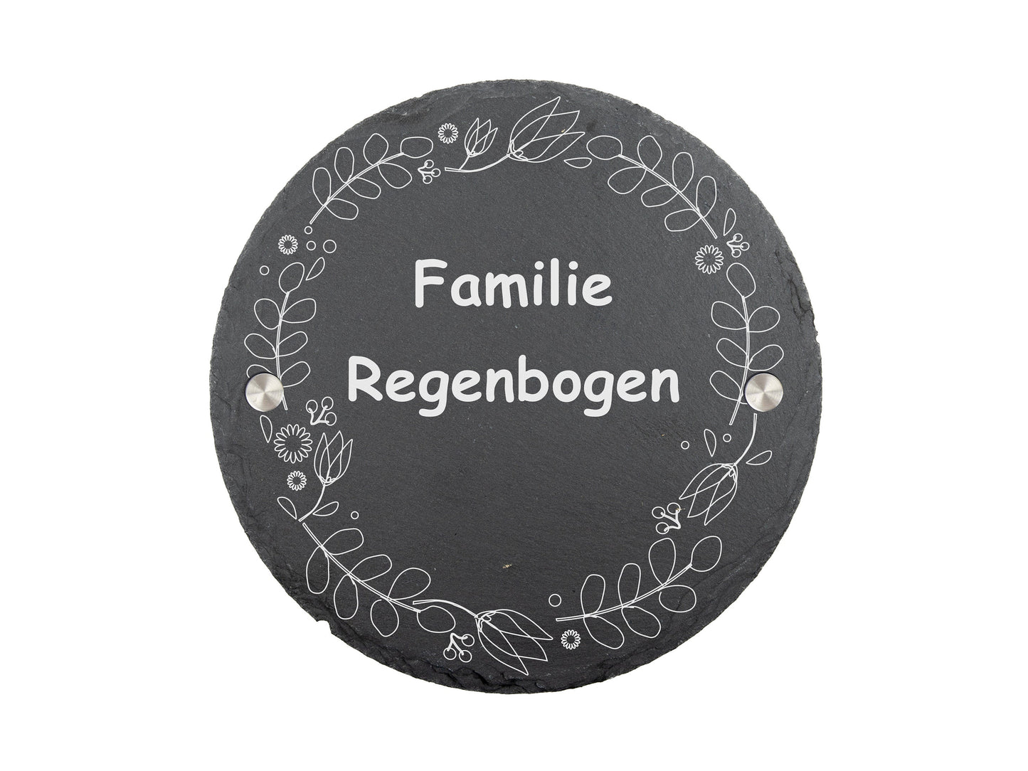 Stoamandal Türschild rund mit personalisierter Gravur Blumenkranz - Schiefer - Familie Regenbogen - mit Abstandhalter