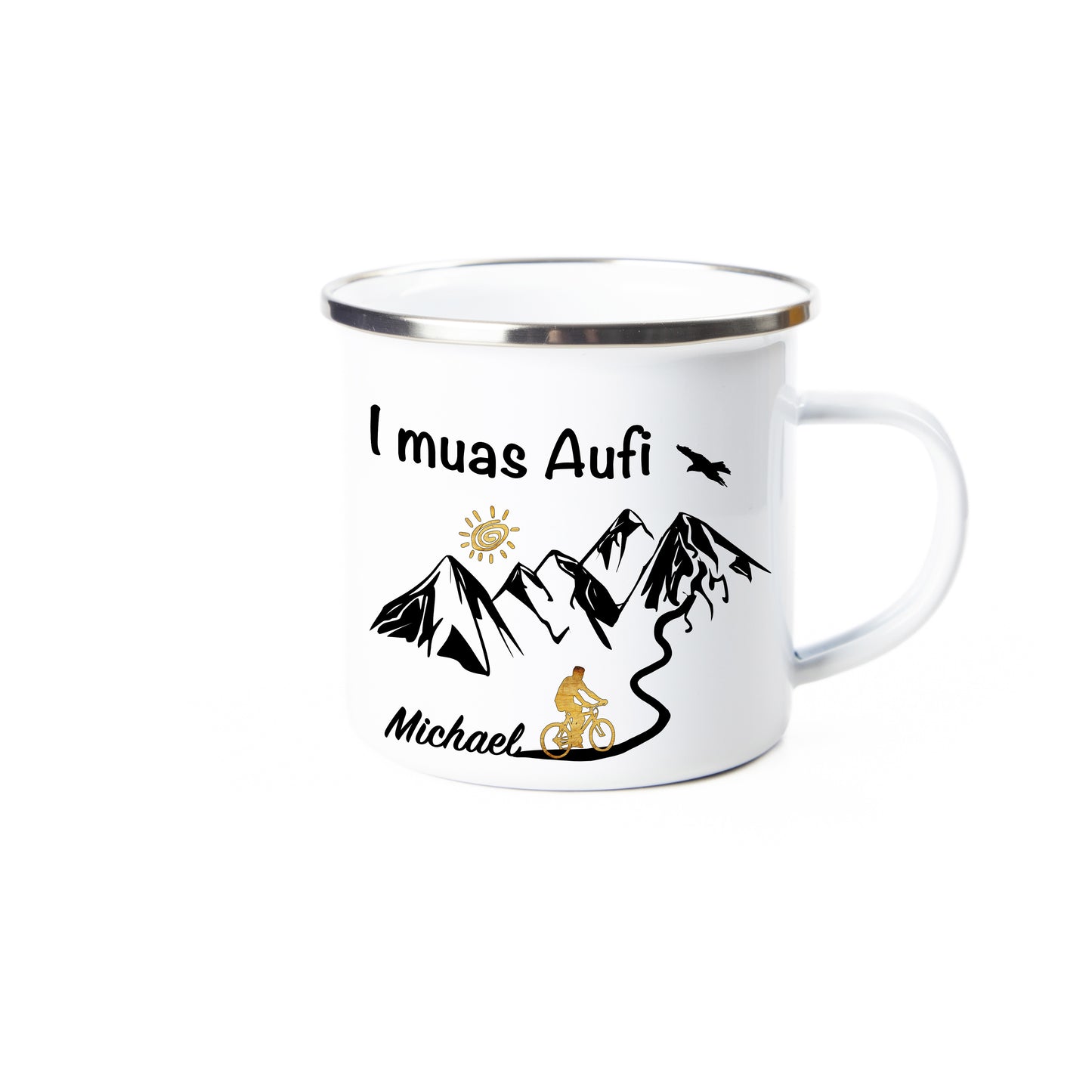 Tasse - I muas Aufi - Bergsteiger personalisiert - Emaille (Silber)
