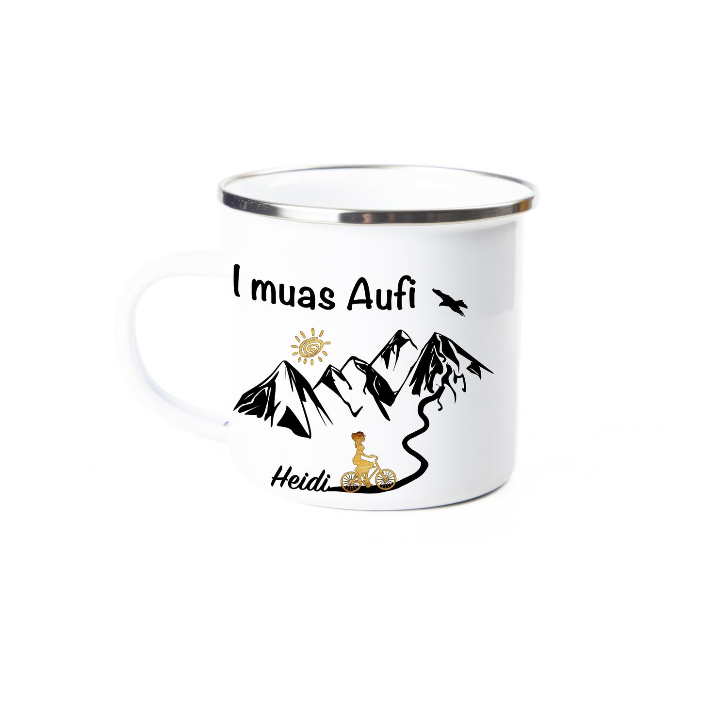 Tasse - I muas Aufi - MTB Frau personalisiert - Emaille (Silber)