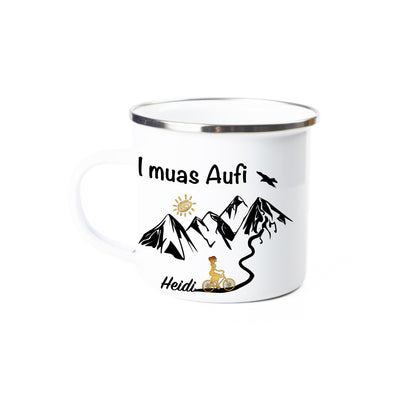 Tasse - I muas Aufi - MTB Frau personalisiert - Emaille (Silber)