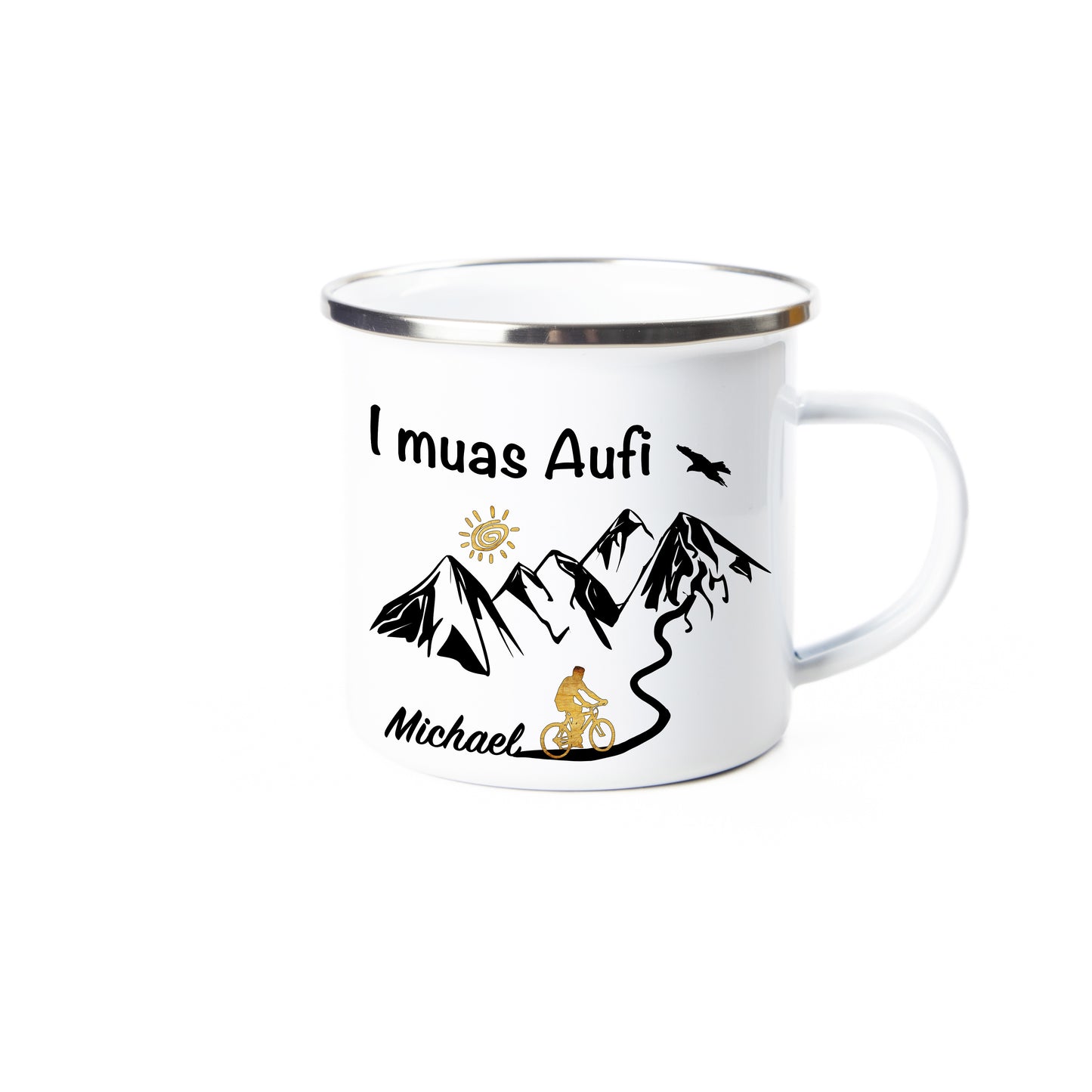 Tasse - I muas Aufi - MTB Mann personalisiert - Emaille (Silber)