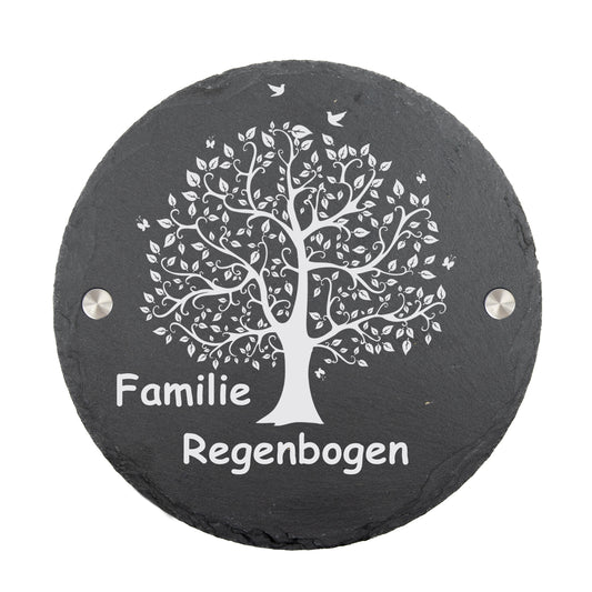 Stoamandal Türschild rund - Baum des Lebens - mit personalisierter Gravur - Schiefer - Familie Regenbogen - mit Abstandhalter