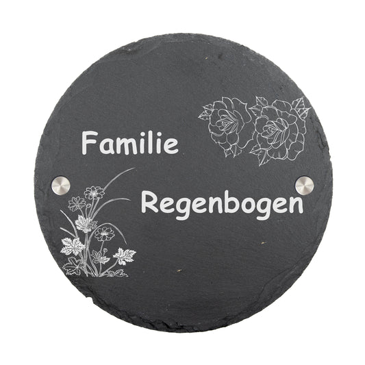 Stoamandal Türschild rund mit personalisierter Gravur - Schiefer - Familie Regenbogen - mit Abstandhalter