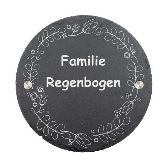 Stoamandal Türschild rund mit personalisierter Gravur Blumenkranz - Schiefer - Familie Regenbogen - mit Abstandhalter
