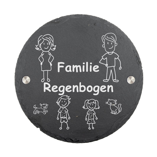 Stoamandal Türschild rund mit personalisierter Gravur Familie - Schiefer - mit Abstandhalter aus Edelstahl