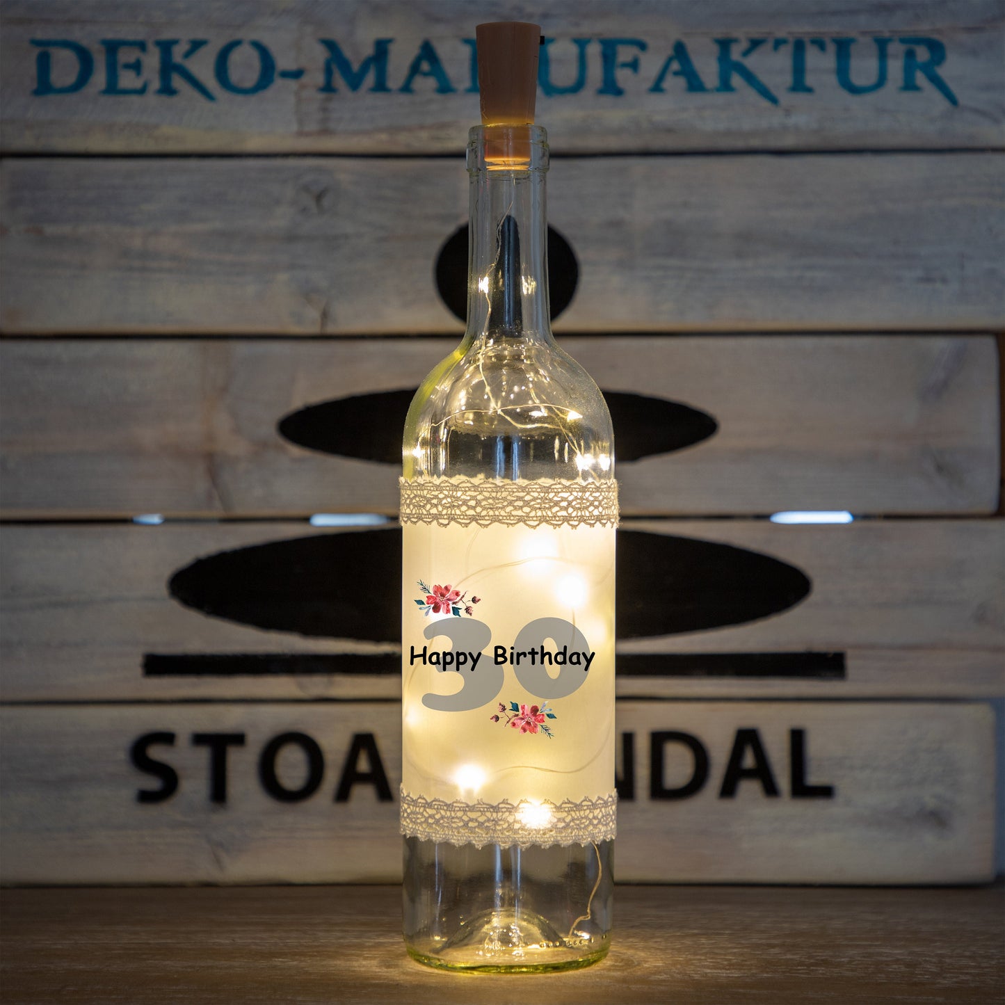 Stoamandal Flaschenlicht - Geburtstag - Blumen - LED Lichterkette in einer Glasflasche
