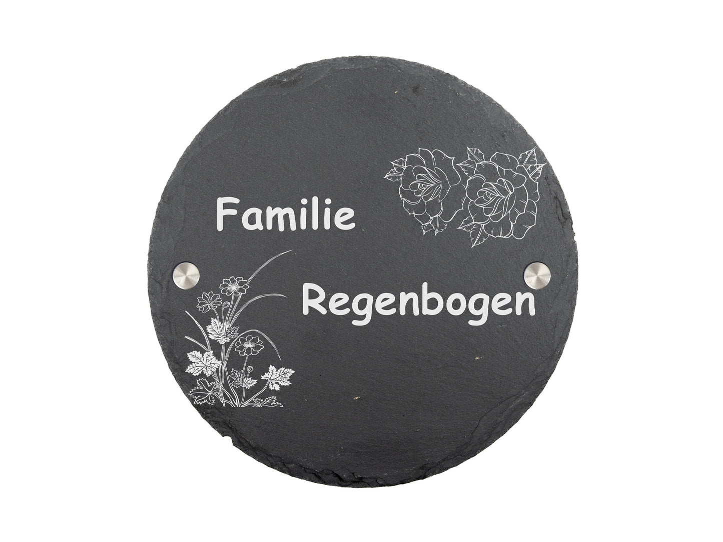 Stoamandal Türschild rund mit personalisierter Gravur - Schiefer - Familie Regenbogen - mit Abstandhalter